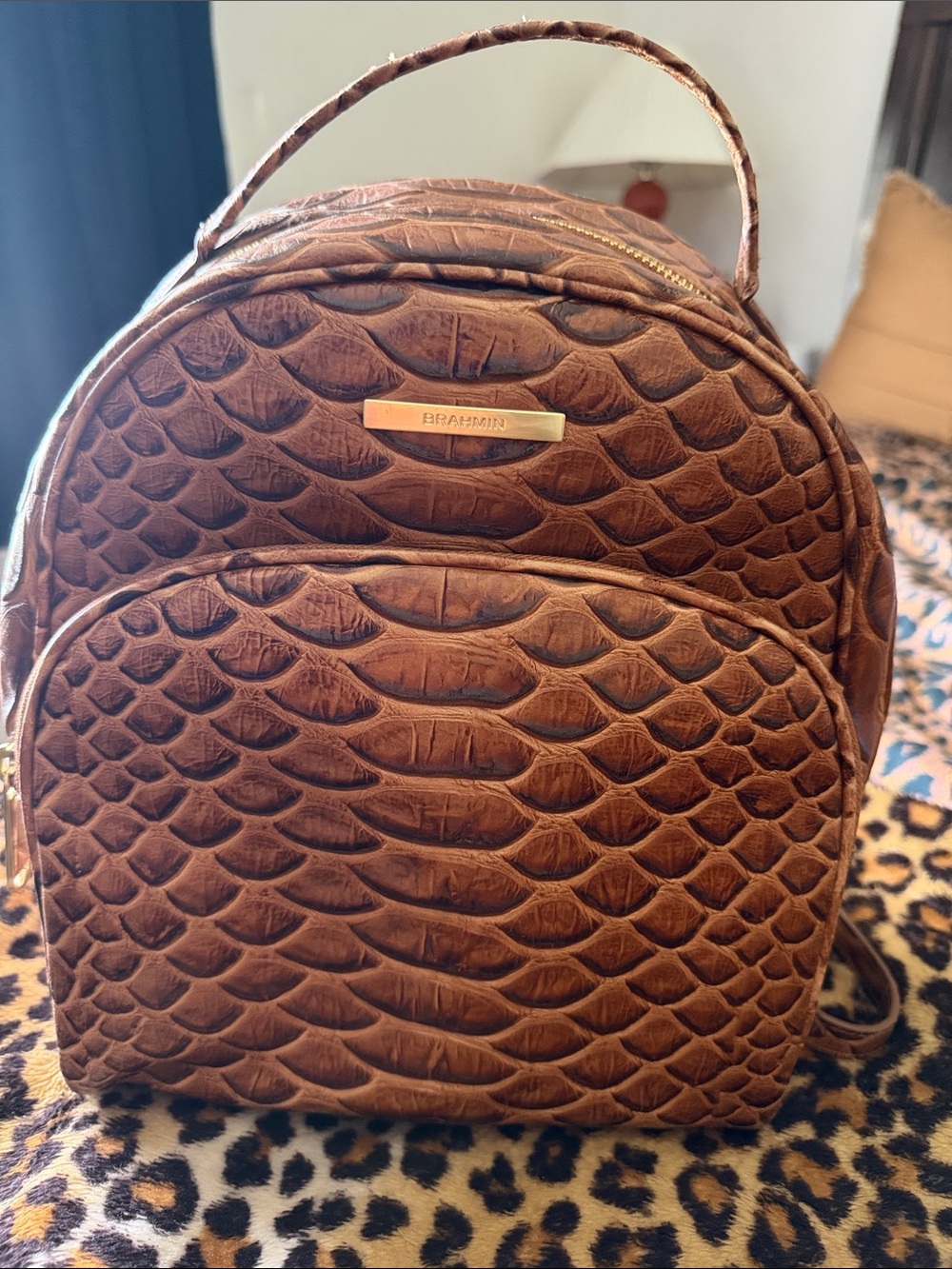 Brahmin Cognac Embossed Leather Mini Backpack